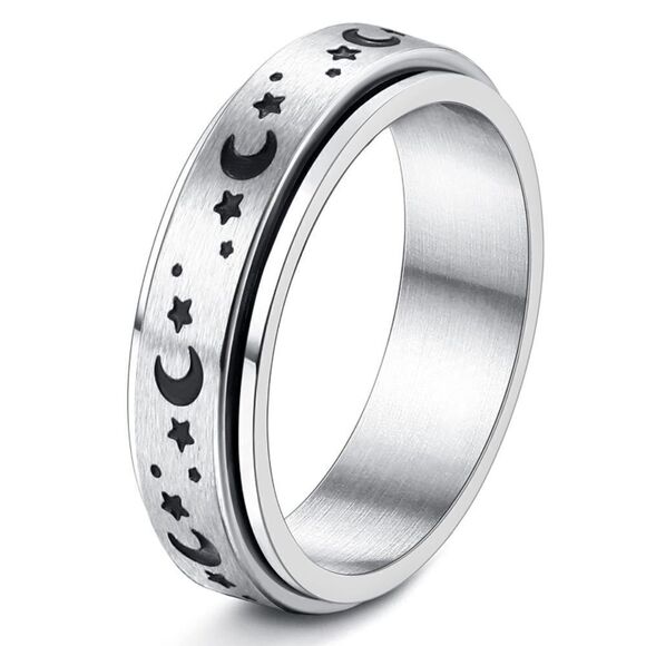 316L Stainless Steel Moon and Stars Fidget Anxiety Stress Relieving Spin Ring - Picture 1 of 4
